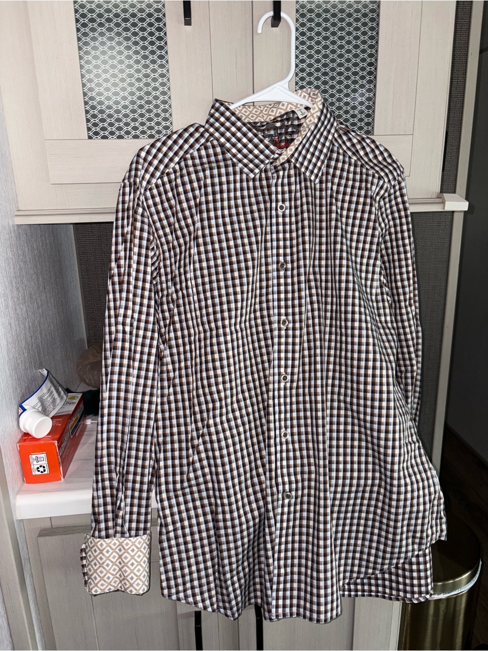 Men's robert Graham Brown navy and White Check Button-Up Shirt